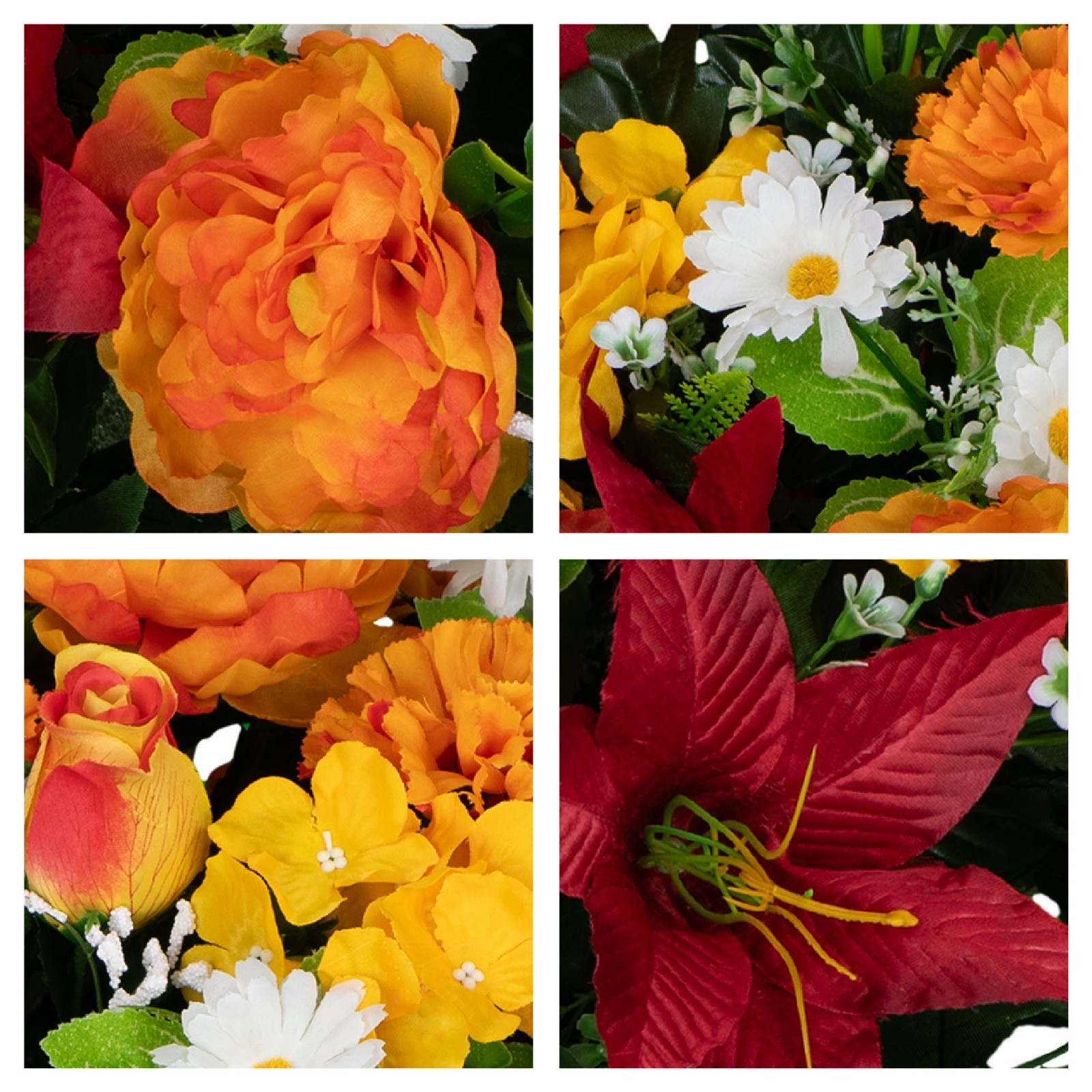 Artificial Gravesite Flowers – Red Lily and Sunrise Peony Saddle and 2 Bouquets