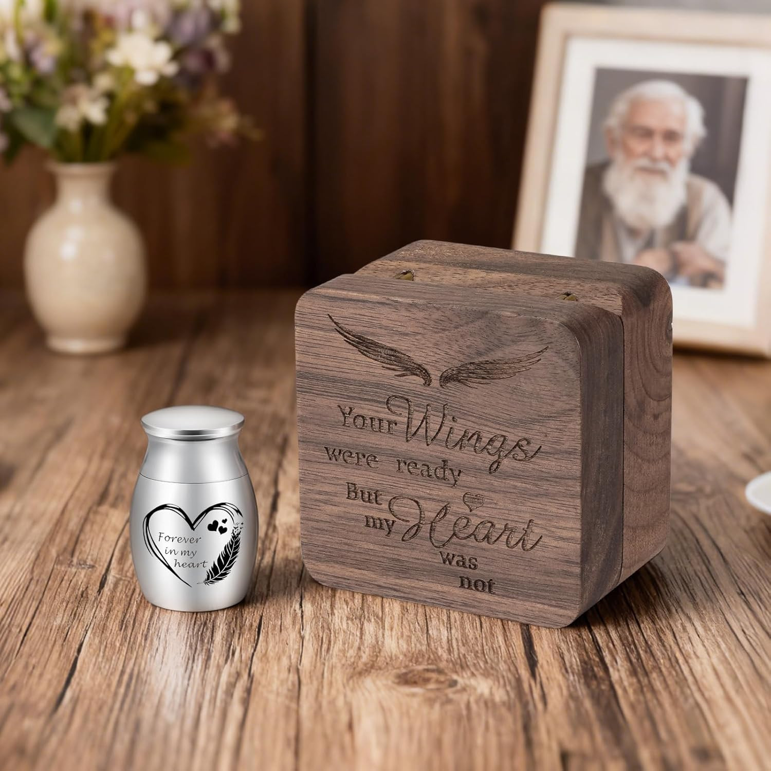 Angel Wing Small Urns for Human Ashes Square Wooden Keepsake Box 1.57 Inches Hea