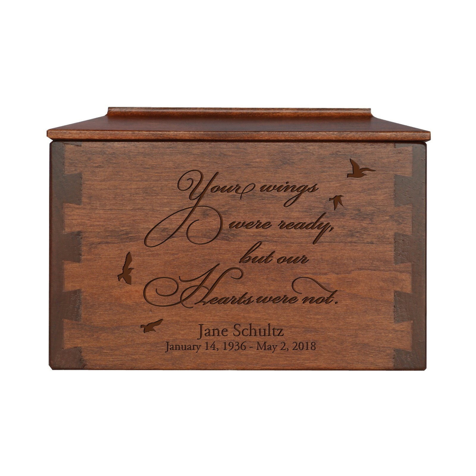 Custom Engraved Cremation Dovetail Urn Box for Human Ashes 7.75in -Your Wings