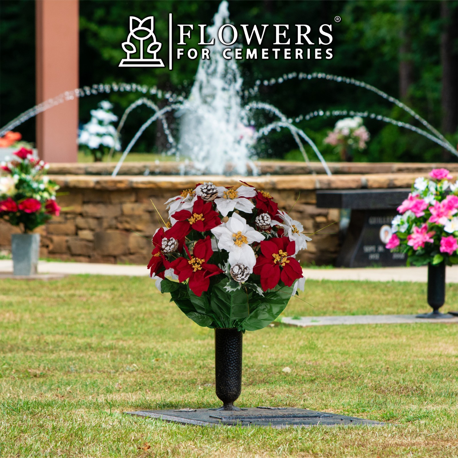 Artificial Flowers for Cemetery – Red and White Poinsettias & Frosted Pinecones