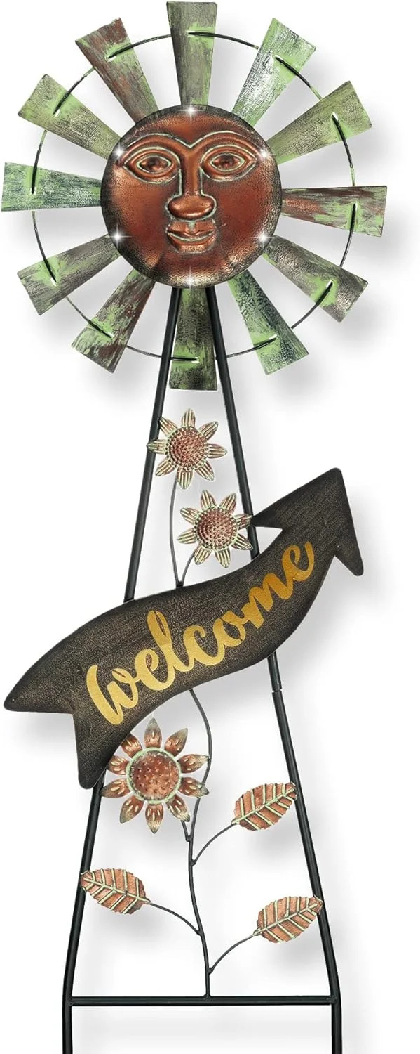 Fathers Day Gift Solar Garden Lights Wind Spinner Outdoor Metal Sun Face Decor