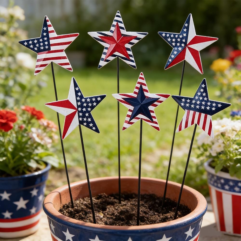 4th of July Outdoor Decorations 6 Metal Patriot Star Garden Stakes