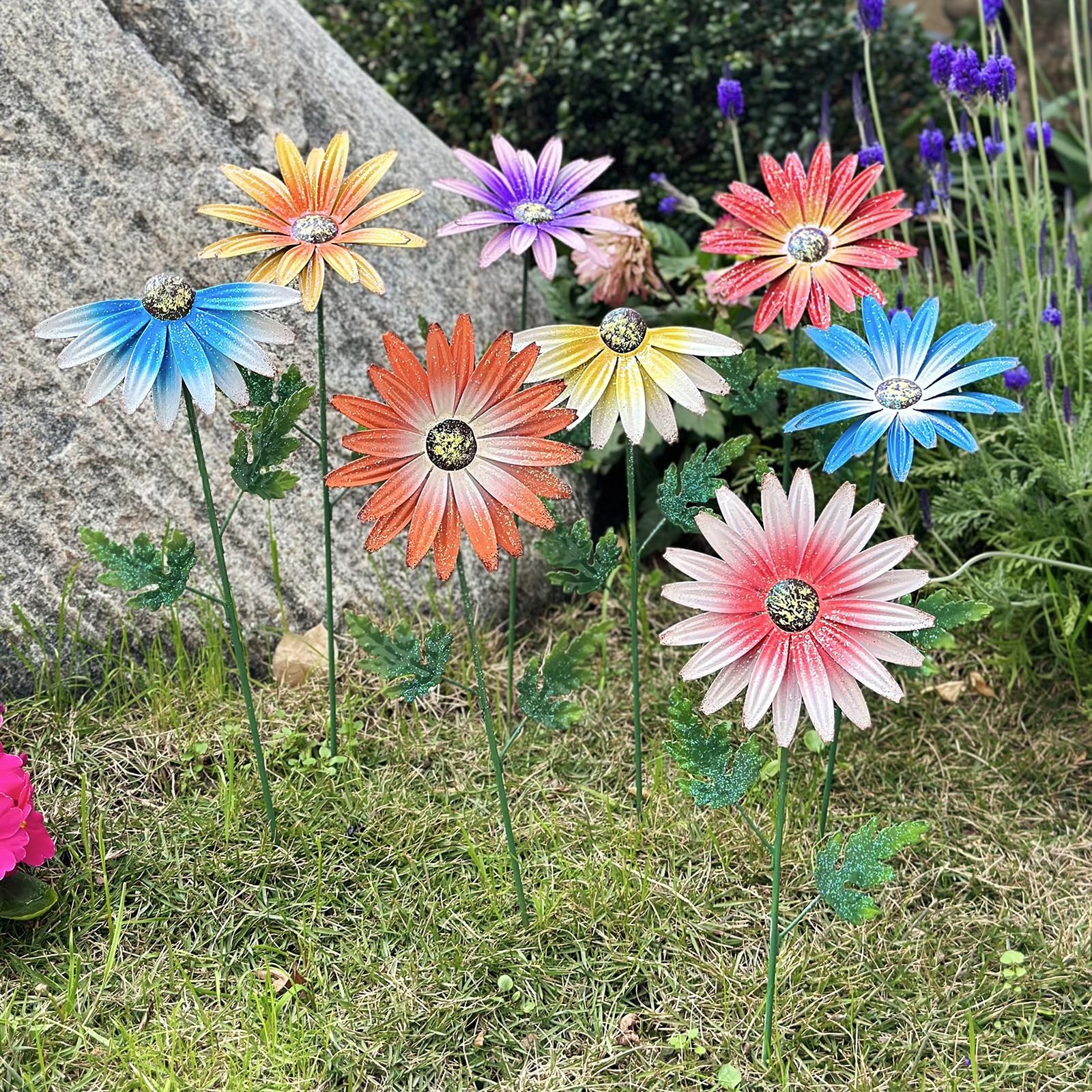 Decorative Metal Flower Stakes – 8 Pack Handmade Garden Art for Outdoors