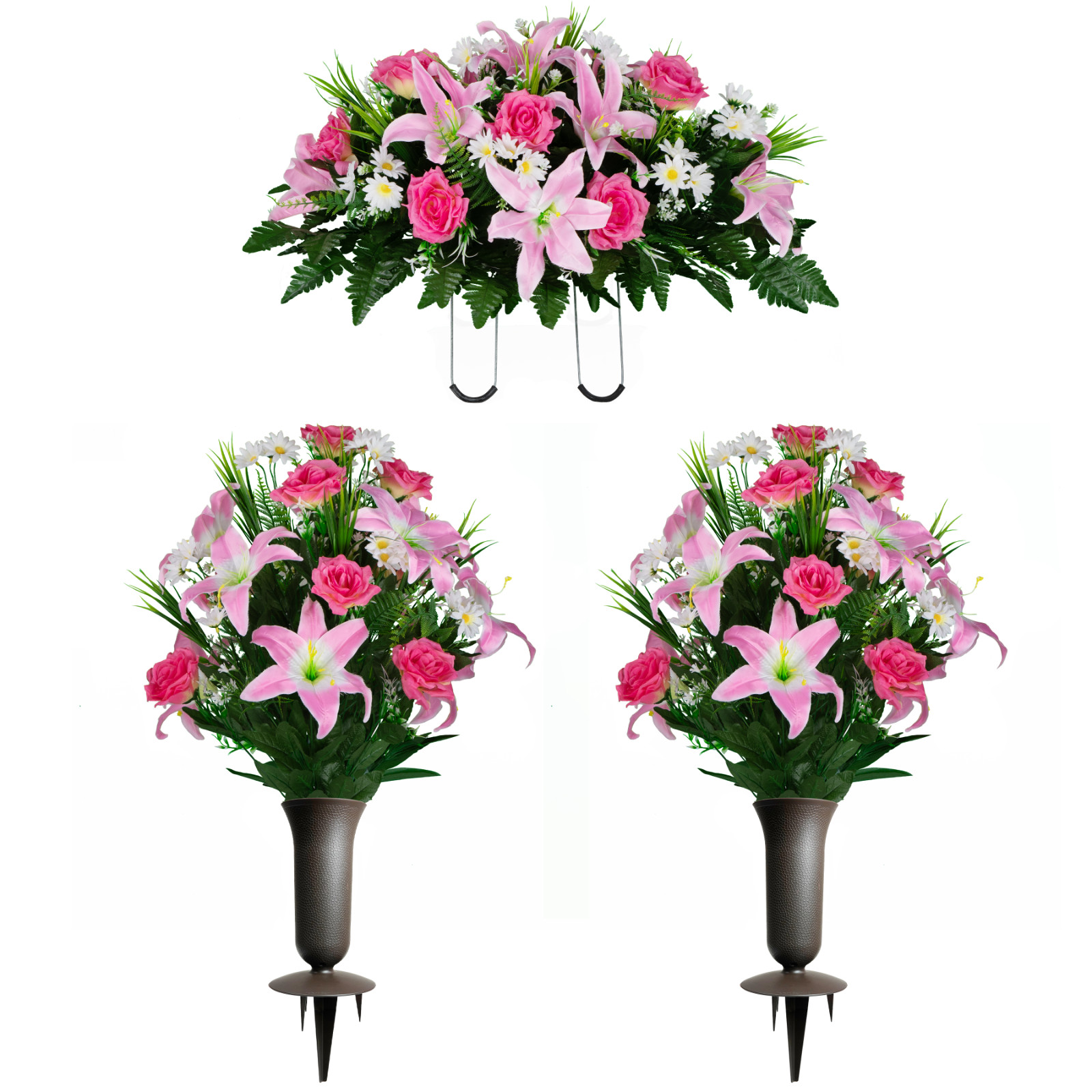 Artificial Flowers- Pink Lily & Rose with White Daisies Saddle, Bouquets & Vases