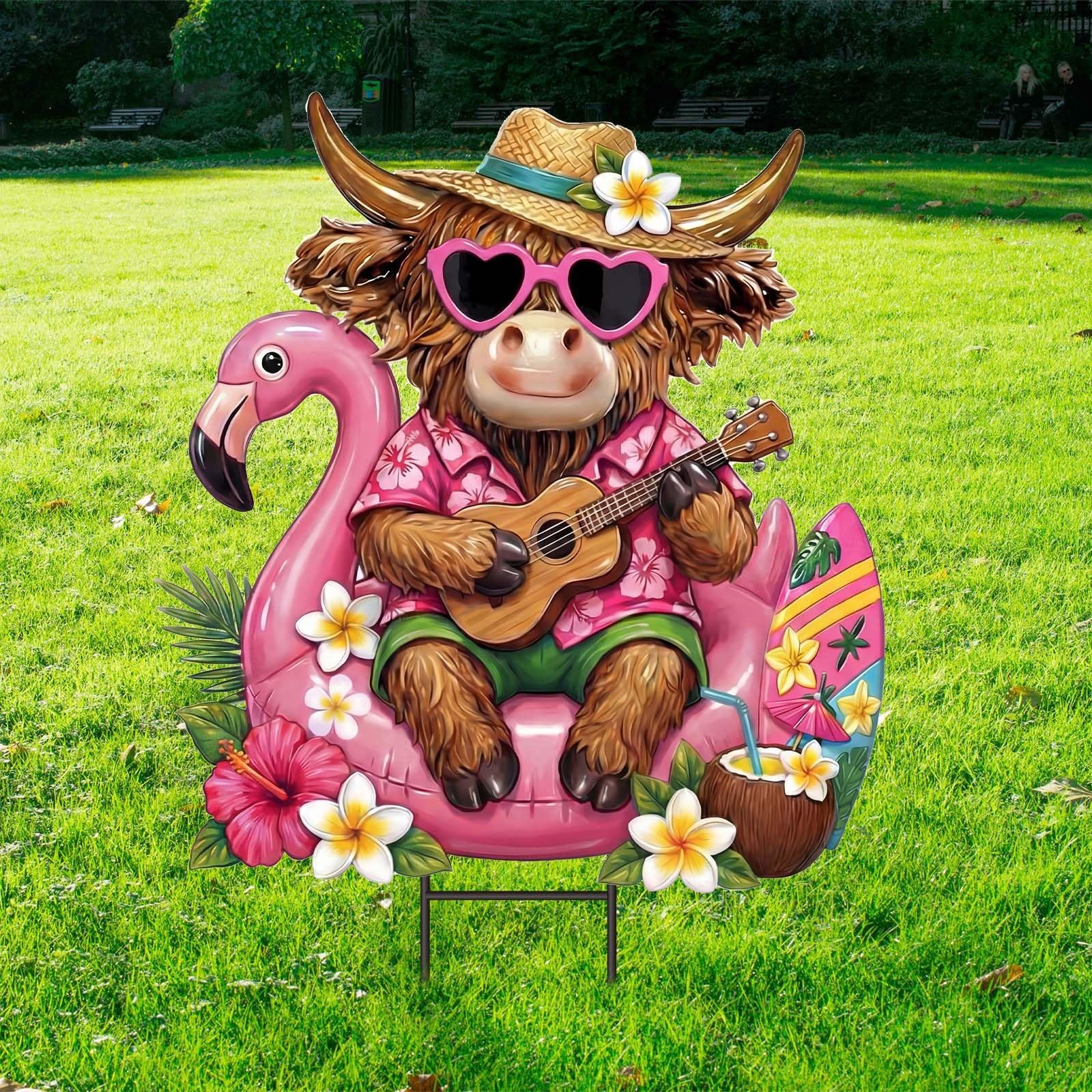 Highland Cow Outdoor Decor – Metal Yard Signs with Flamingo for Garden Pathways