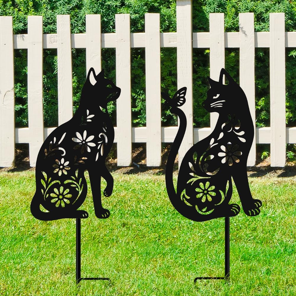 Black Cat Garden Stakes Unique Outdoor Decor & Gifts for Cat Lovers 2 PCs
