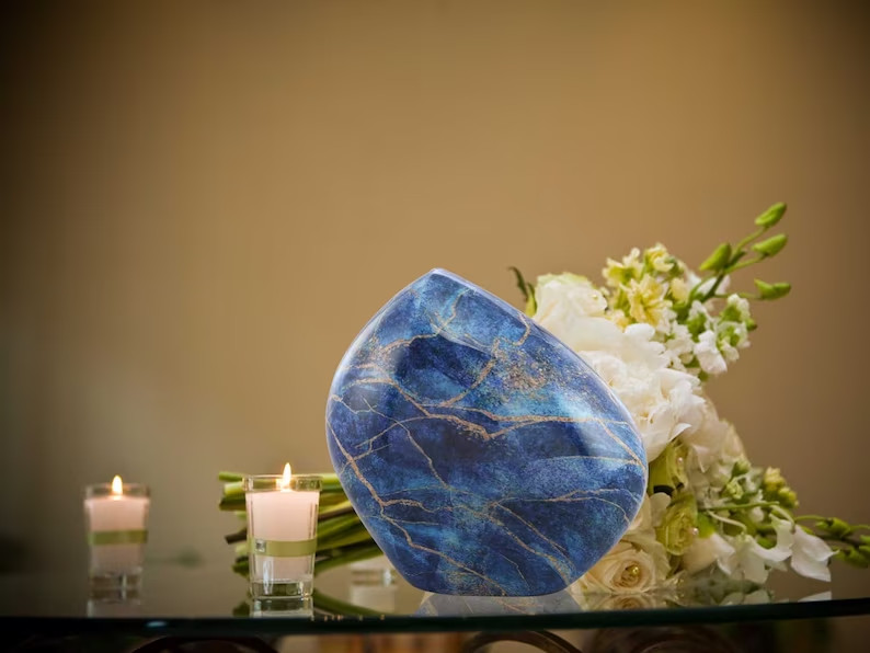 Blue Marble Rock Urn – Handcrafted Solid Metal Mountain/ Rock Cremation Urn