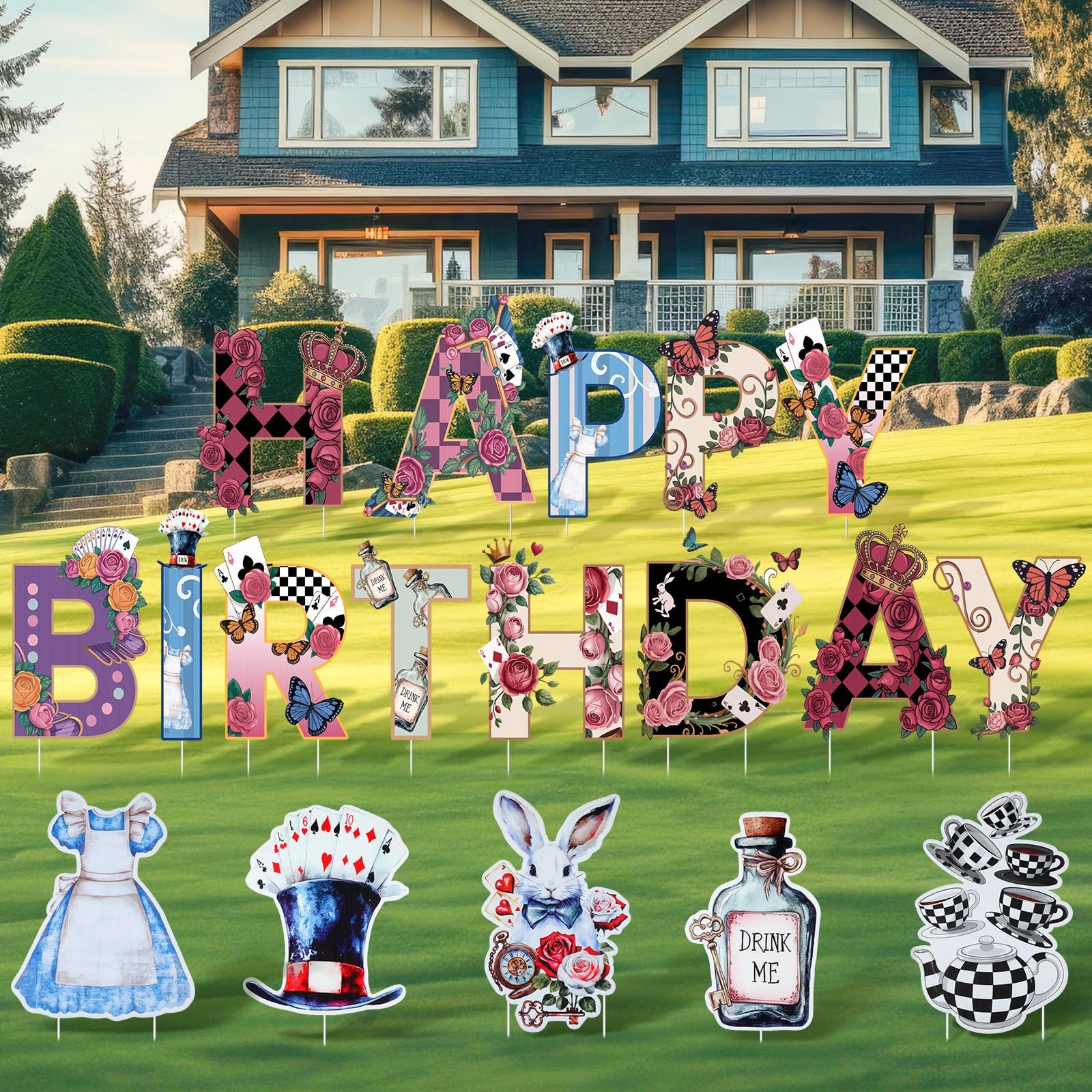 18 Pcs Wonderland Tea Party Decorations Happy Birthday Yard Signs with Stakes…