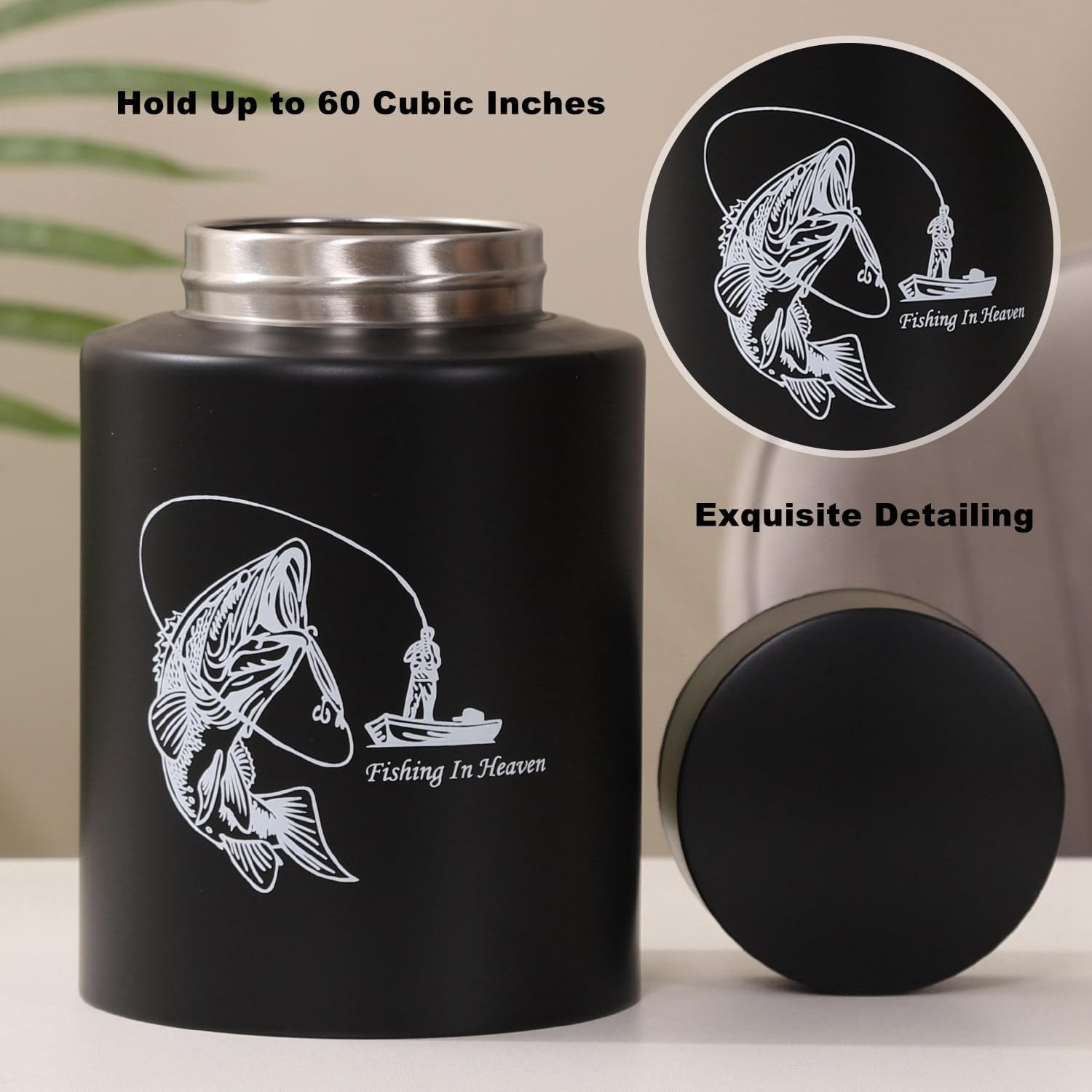 Medium Urns for Human Ashes up to 60 Cubic Inches, Stainless Steel, Black, Flora