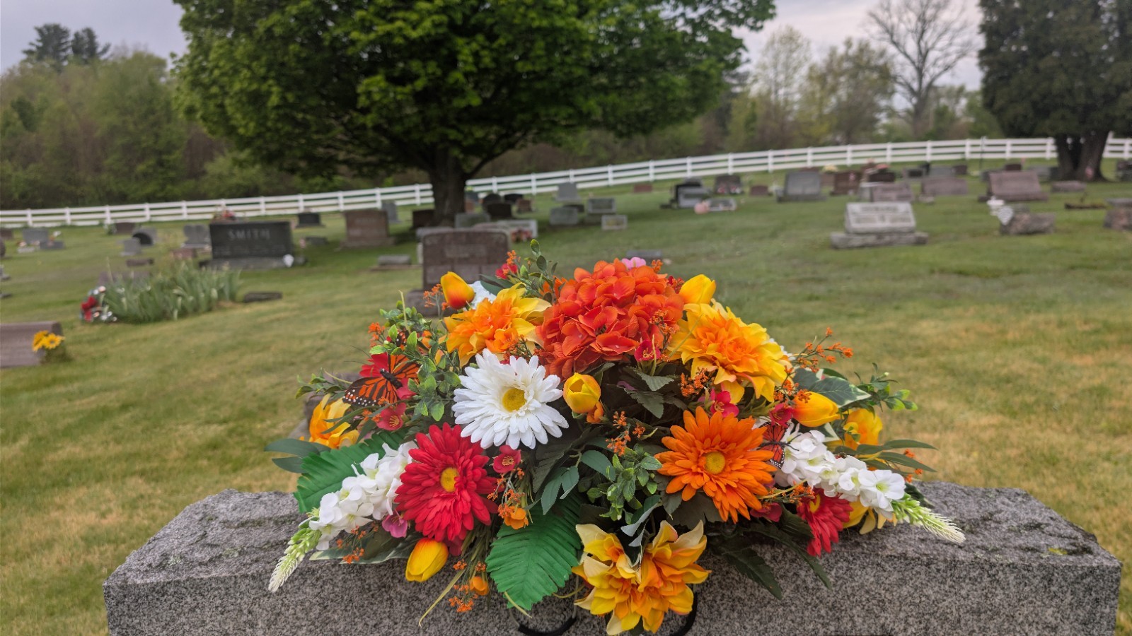 Orange Yellow Summer Grave Saddle, Butterfly Flower Arrangement