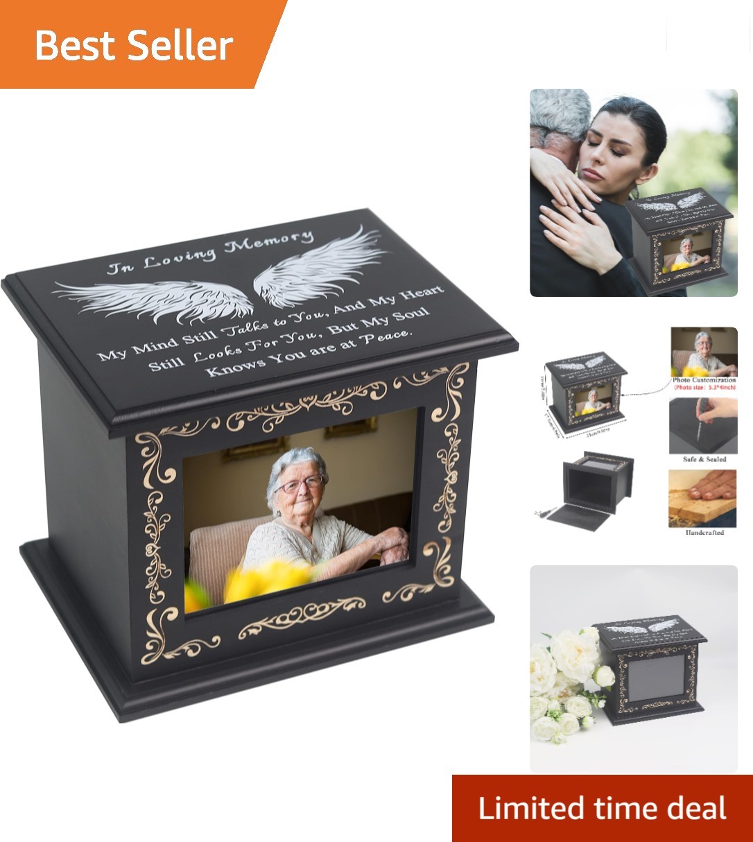 Joysparking Wooden Cremation Urn Box With Photo Frame For Adult Ashes