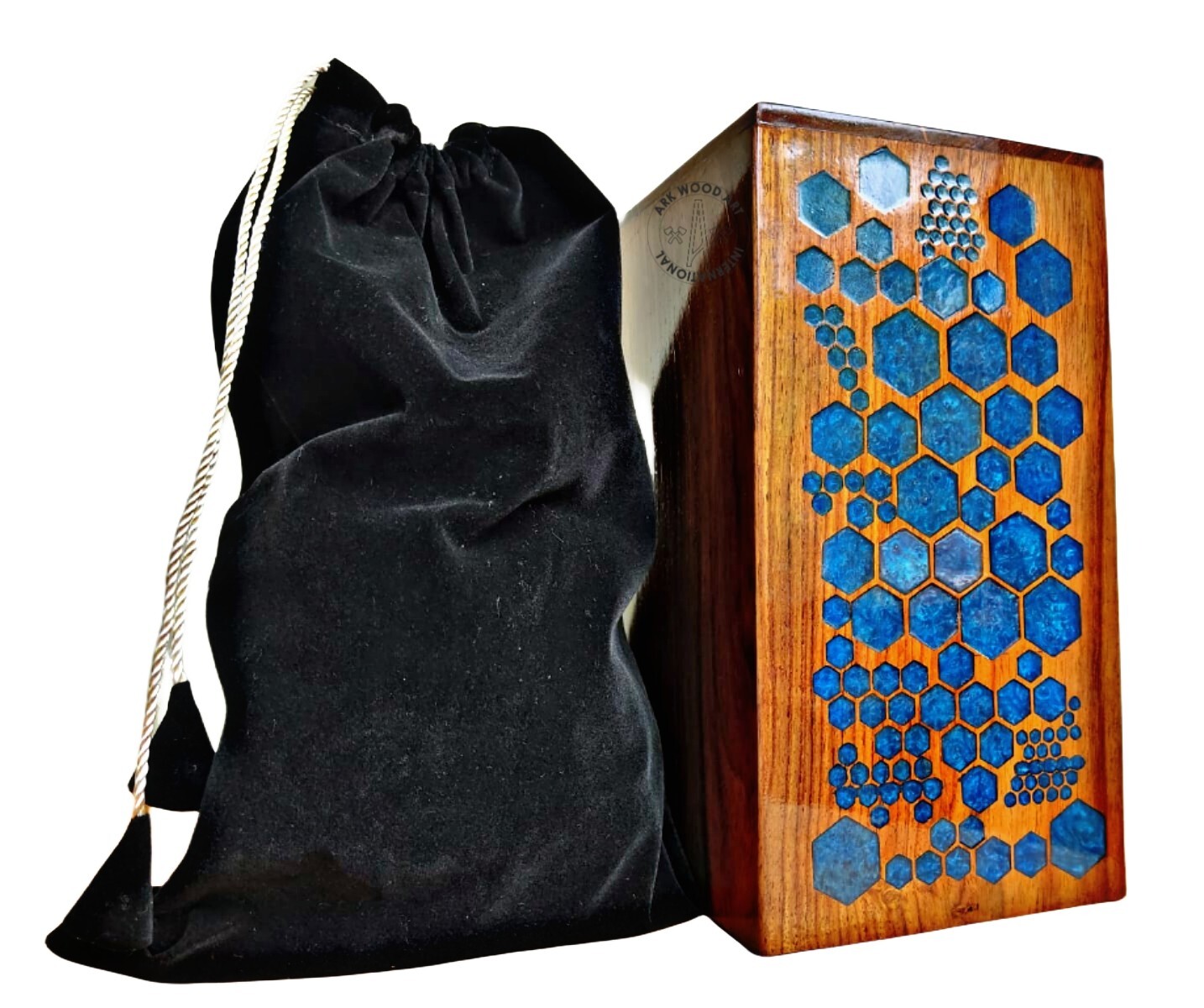 Hexagonal Epoxy And Resin Mix Wood Urn – Humans & Burial Female/Male Blue Urns