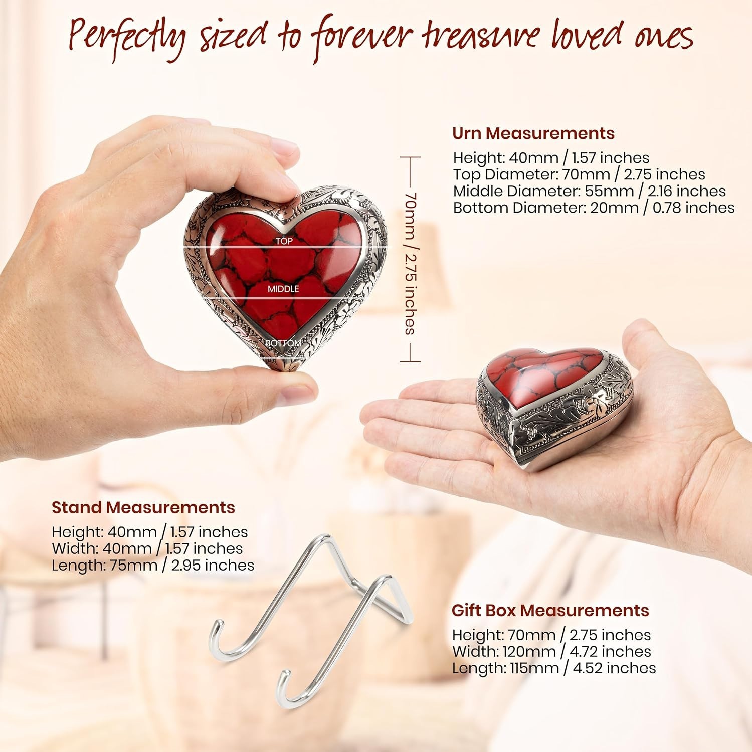 Elegant Mini Heart Shaped Brass Keepsake Urn for Cherished Ashes – Deep Red
