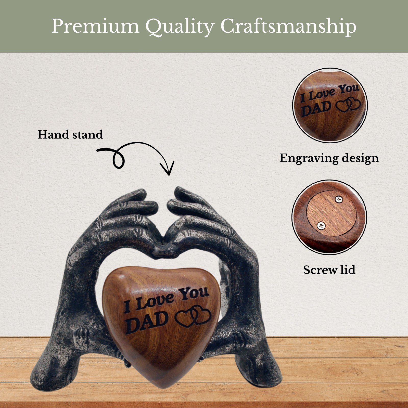 Wooden Heart Keepsake UrnI love you DAD Hand Display Stand with Engraving