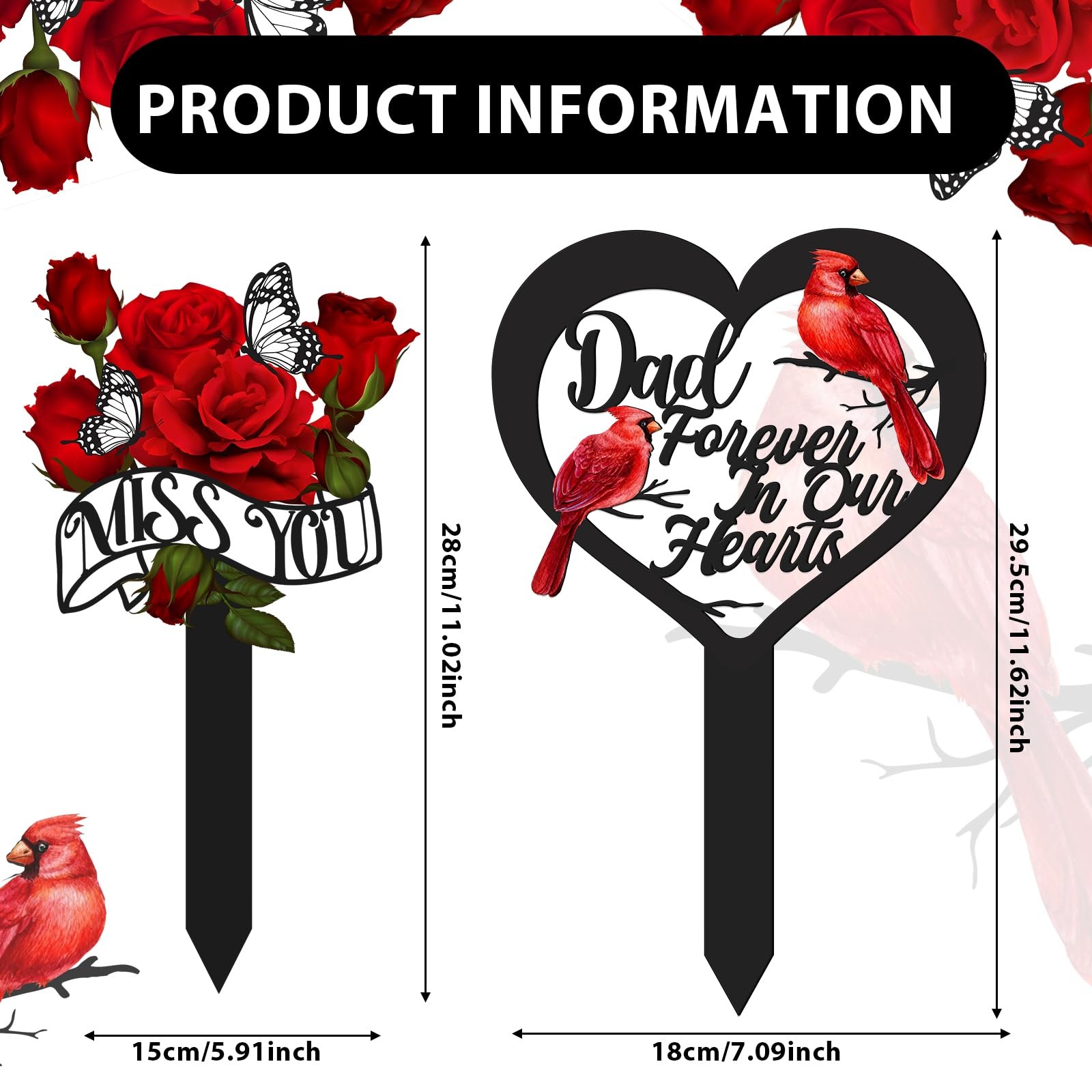 Father’s Day Grave Decorations 2 Pcs Metal Rose Memorial Markers for Dad