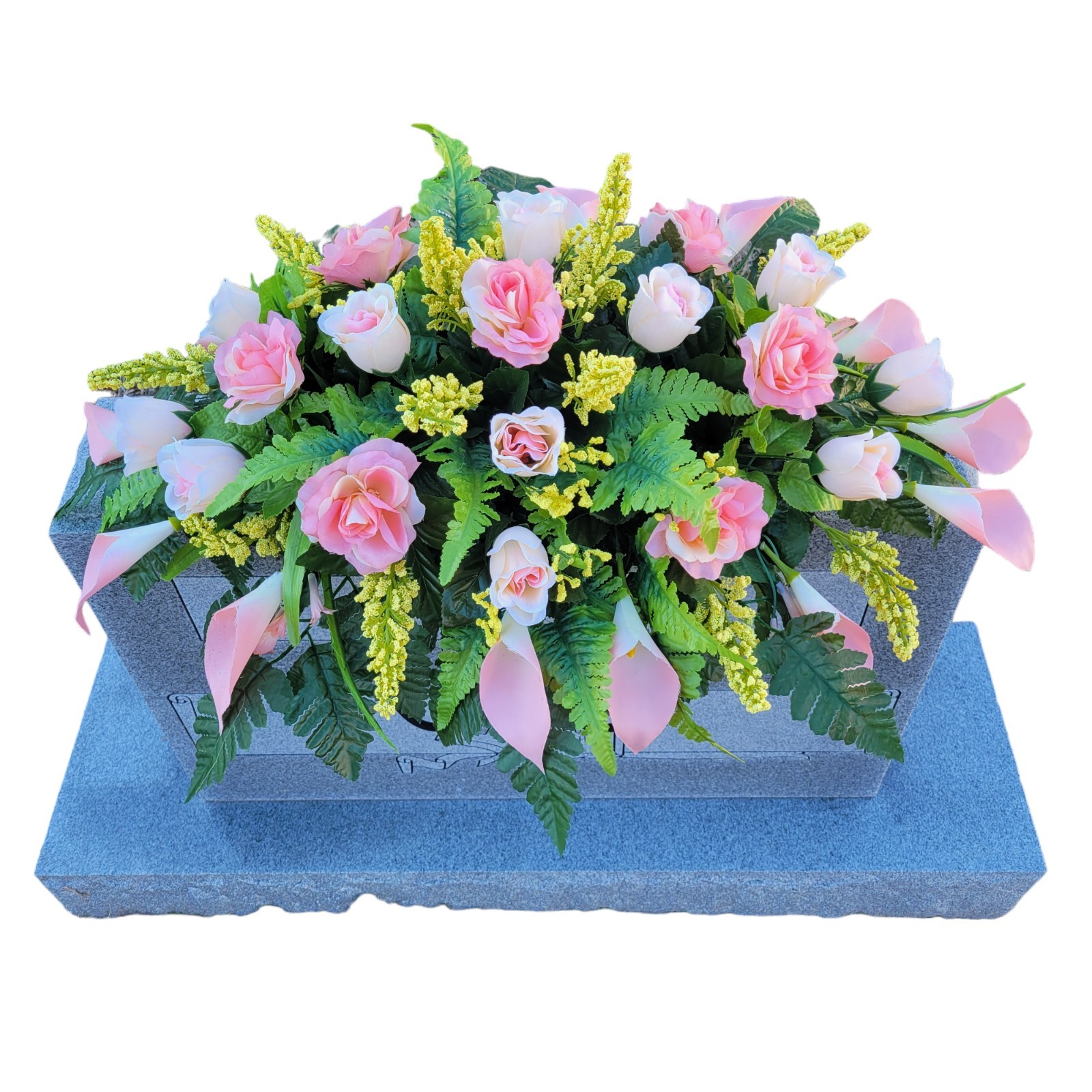 PINK HEADSTONE SADDLE WITH ROSES & CALLA LILY’S FOR CEMETERY