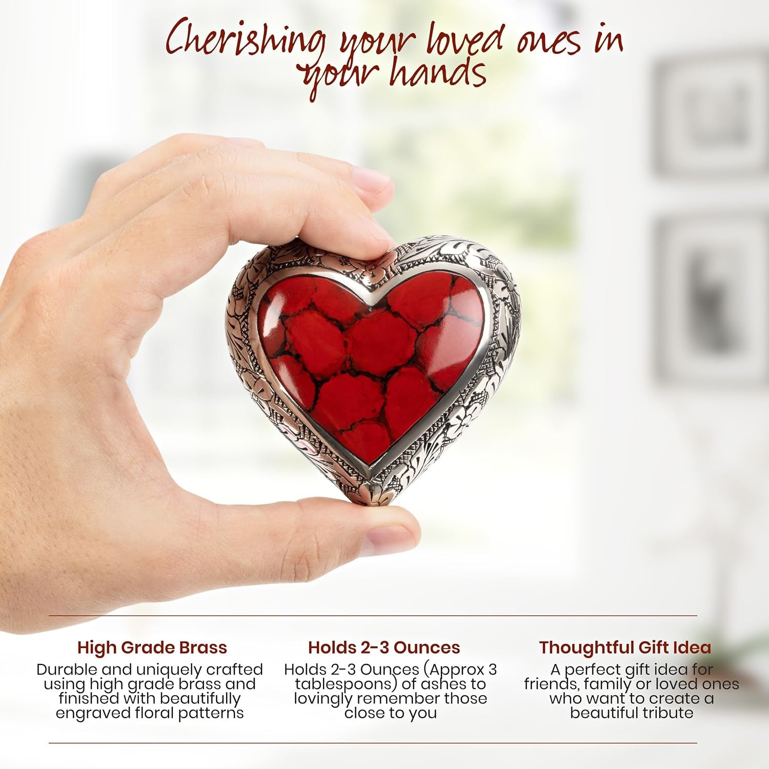 Elegant Mini Heart Shaped Brass Keepsake Urn for Cherished Ashes – Deep Red