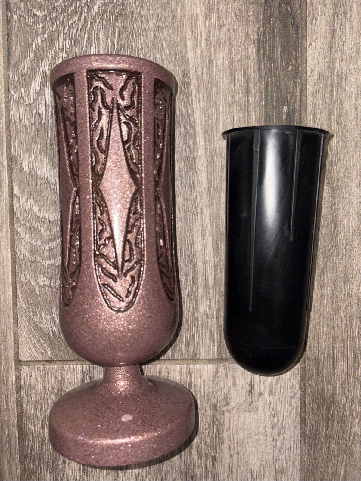 Vintage Cemetery Vase – Metal Memorial Flower Holder – Approx. 9.5 Inches Tall