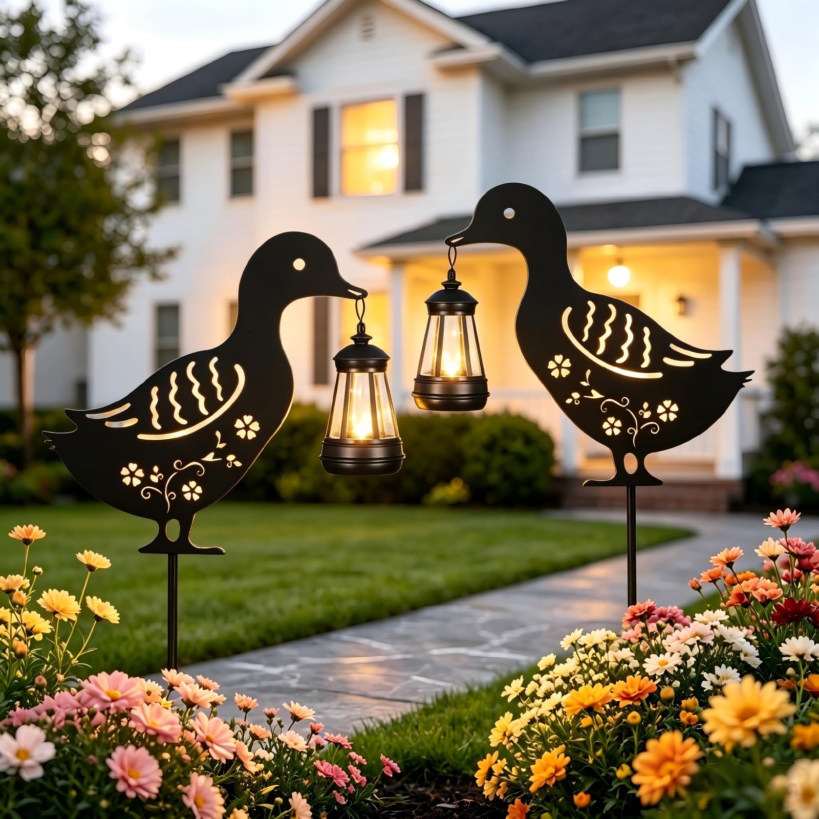 Solar Garden Light Stakes – Metal Flower Duck Lawn Decor for Outdoor Spaces