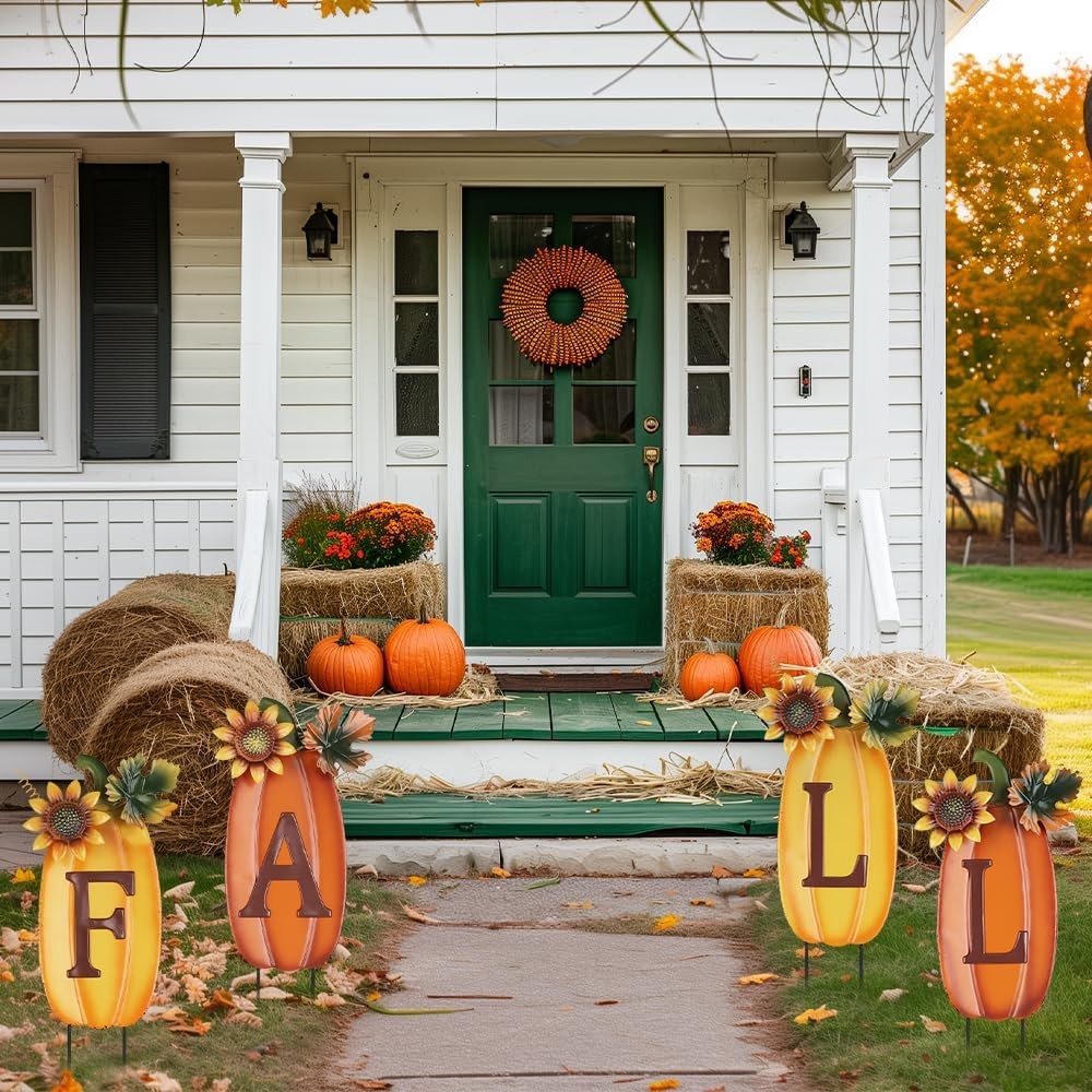 Outdoor Fall Thanksgiving Decorations for Home, 4 PCS Metal Pumpkin Decorativ…