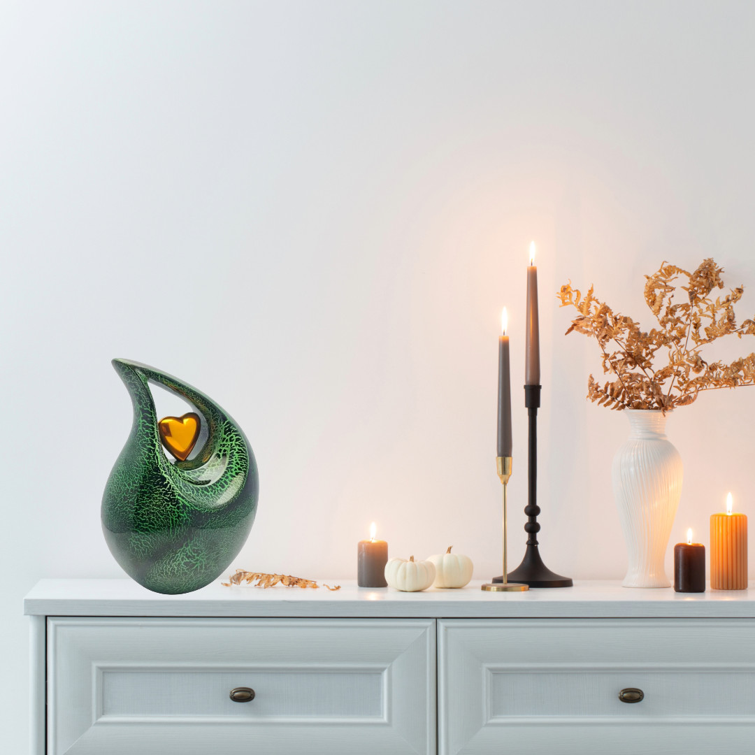 Modern Artistic Teardrop Cremation Urn Heart Accent Adult Size for Ashes w/Bag