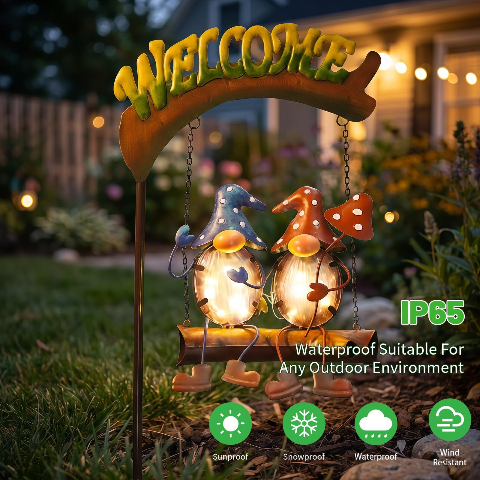 Gnomes Garden Decor Solar Lights, 48 Inch Welcome Sign Swing Yard Decorations…