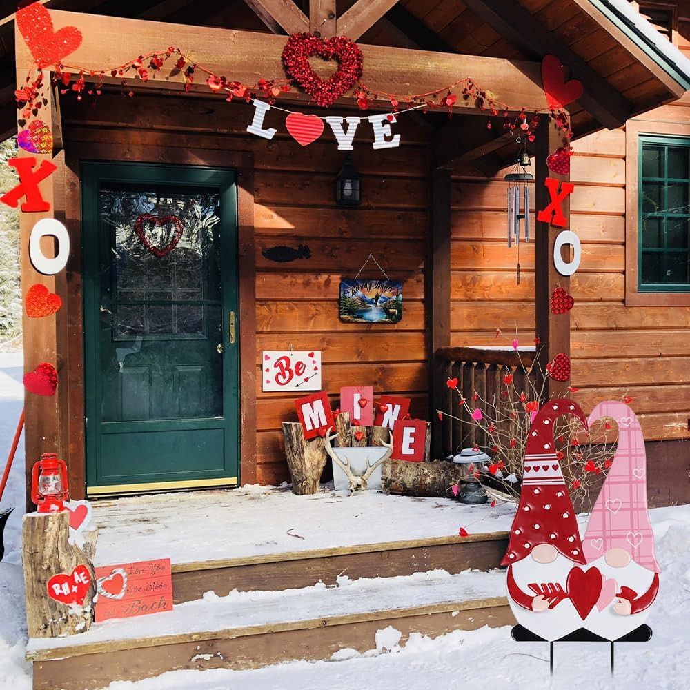 Valentines Day Decorations Outdoor, Red Pink Gnomes Decorative Garden Stakes wit
