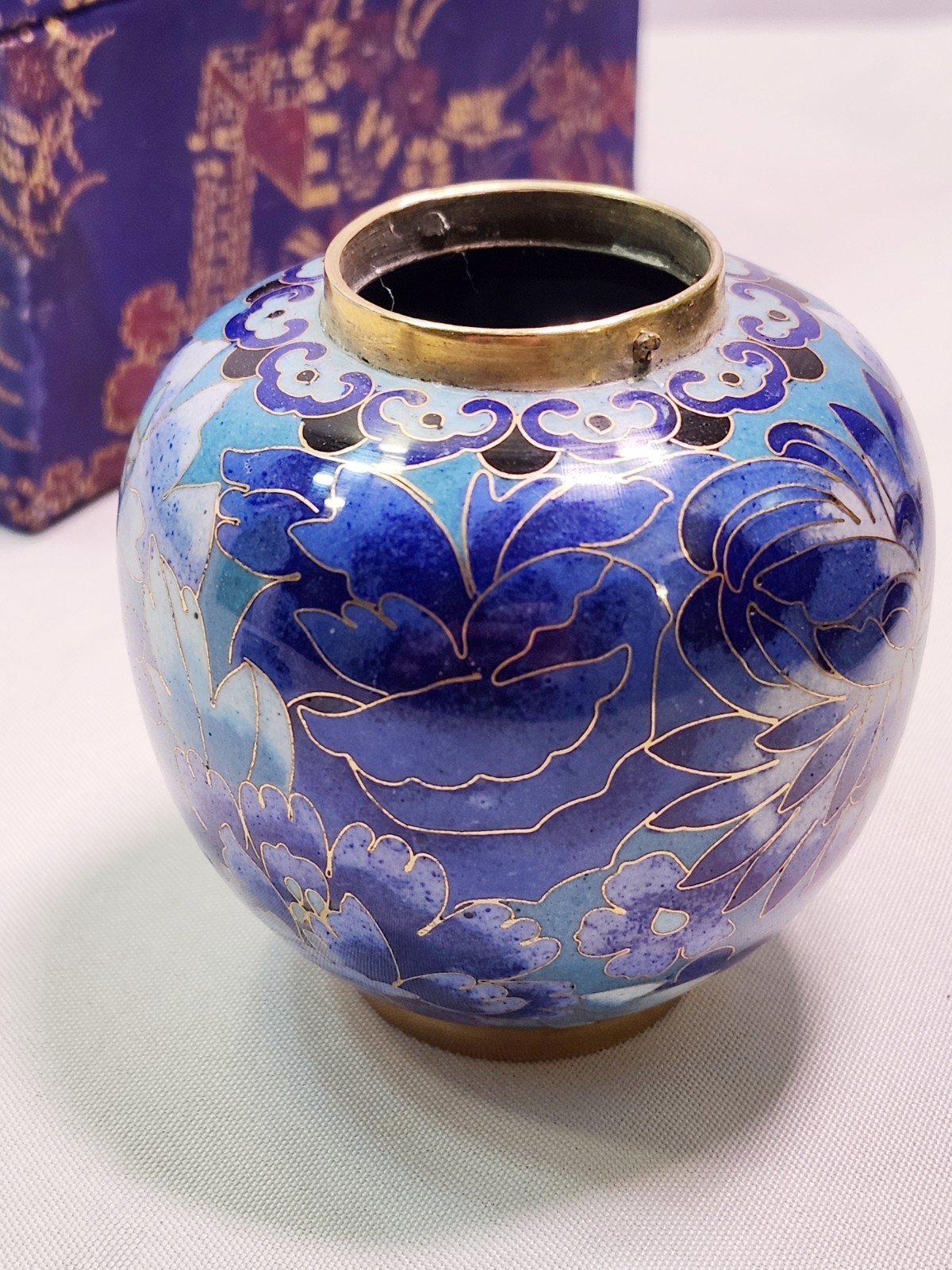 Chinese Azure Blue Copper Cloisonne Sharing Companion Urn W Box