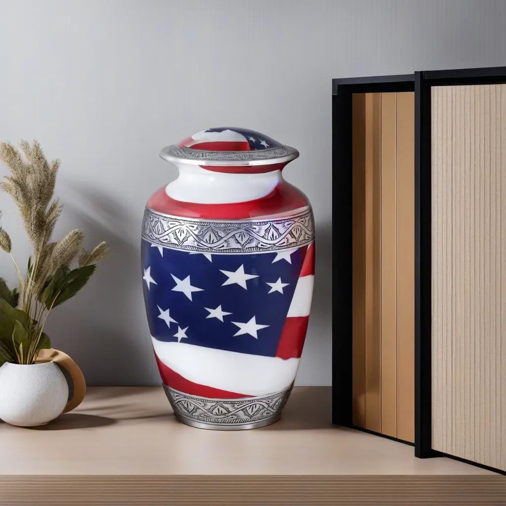 American Flag Hand Engraved Cremation Urn for Adult Human Ashes, Veterans, First