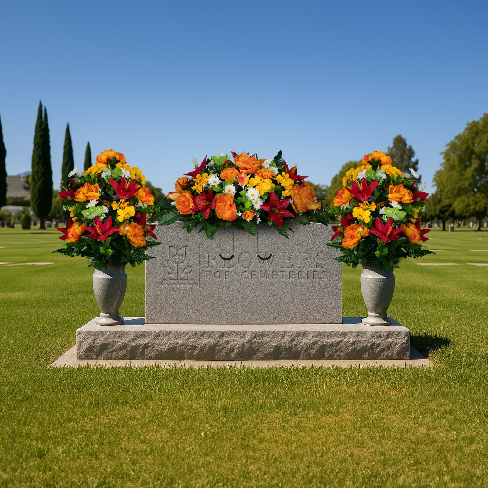 Artificial Gravesite Flowers – Red Lily and Sunrise Peony Saddle and 2 Bouquets