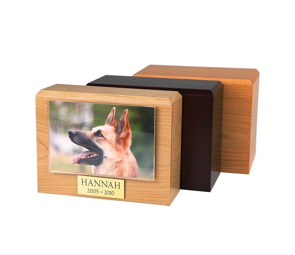 Small 55 Cubic Inches Walnut Pet Photo Urn for Ashes with Engravable Nameplate