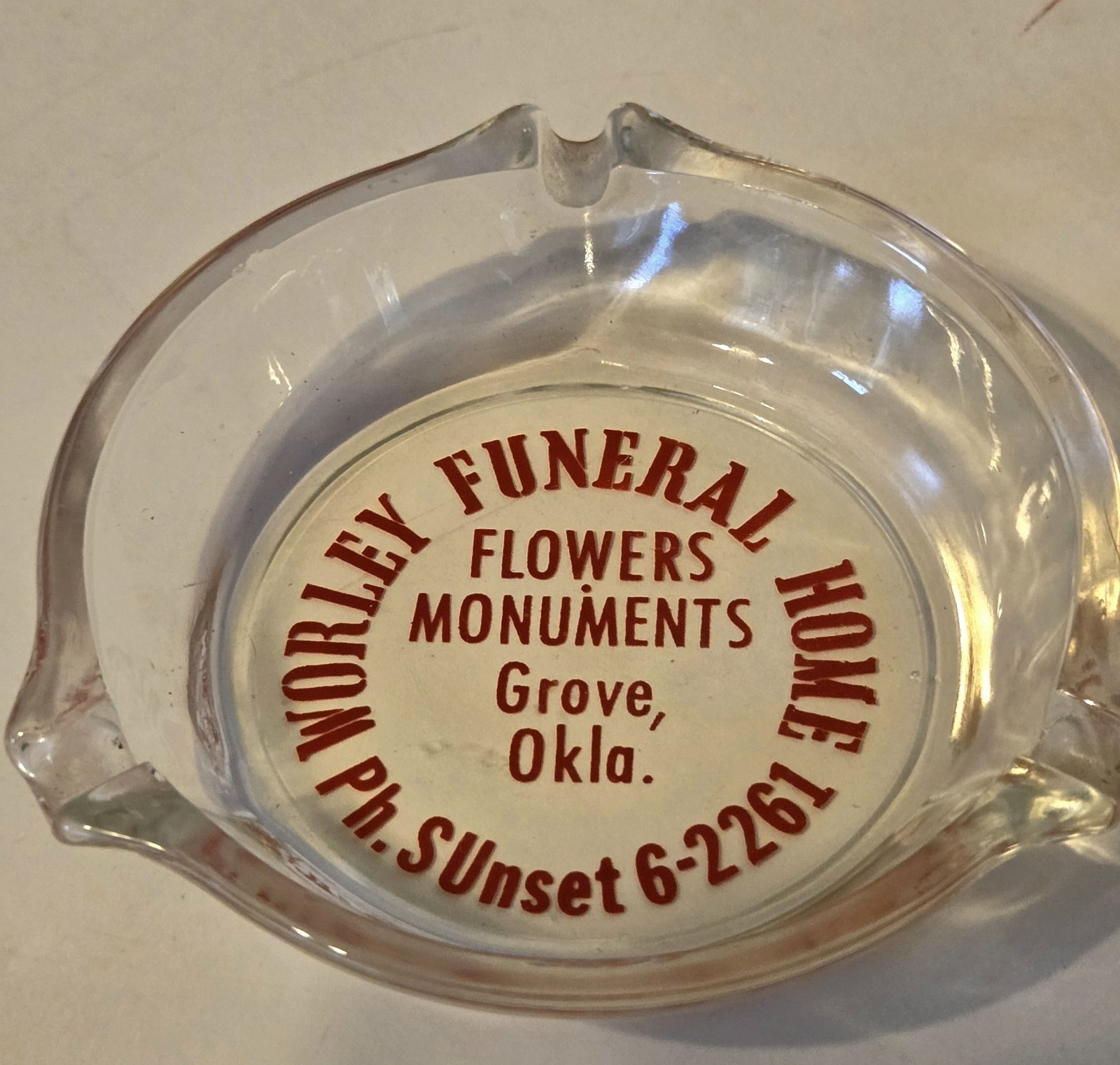 Vintage WORLEY Funeral Home Mortuary Advertising ASH TRAY Grove OK Odd Phone #