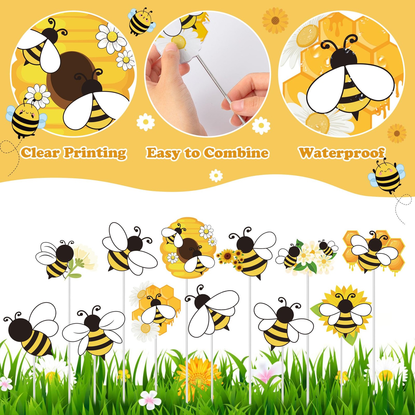 Bee Garden Stake Decor – 12 Pcs Yellow Working Bee Art Stick Floral Picks