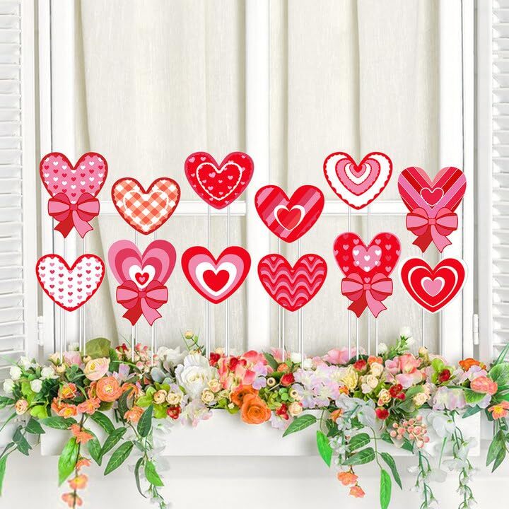 12 Pack Valentine’s Day Heart Shape Planter Stakes Outdoor Signs