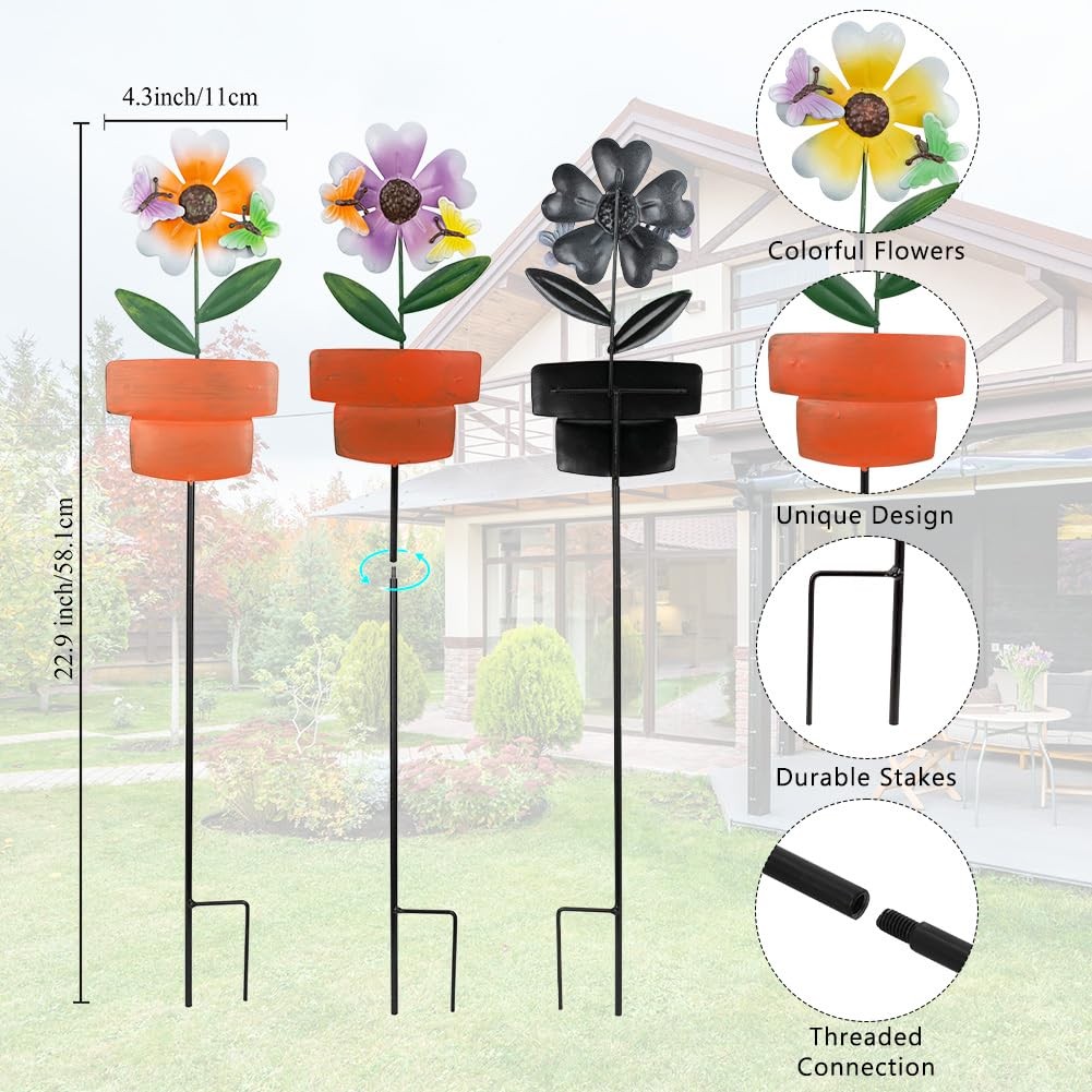 Metal Garden Stakes 3 Pack Decorative Flower Stakes for Outdoor Decor