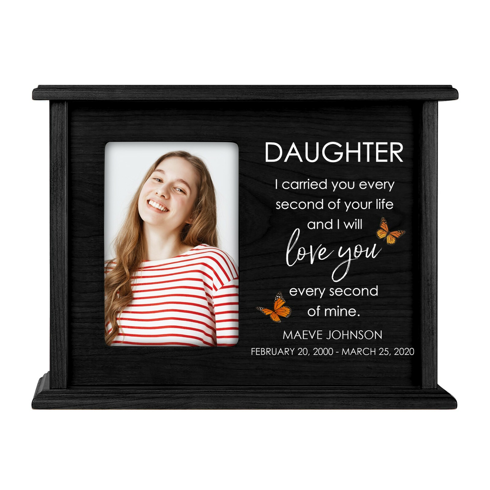 Custom Cremation Urn Box Holds 200 cu in with 4×6 Photo – Daughter