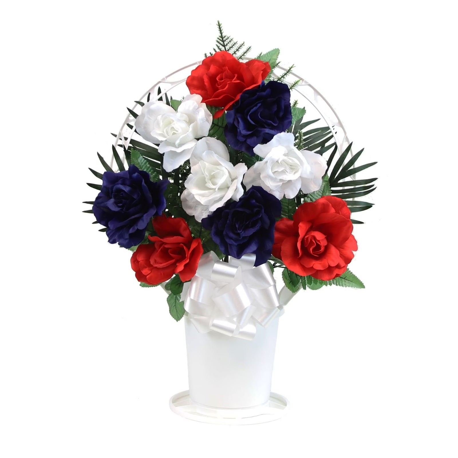 Silk Rose Arrangement Large White Cemetery Hoop Basket Memorial Gravesite