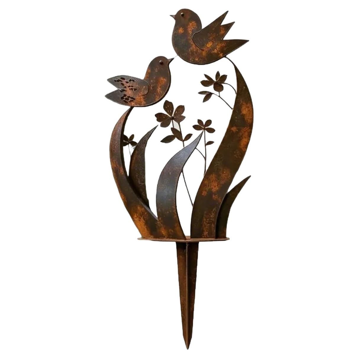 Bird & Wildflower Metal Garden Stake, Rustic Outdoor Decorative Stake, Weathe…