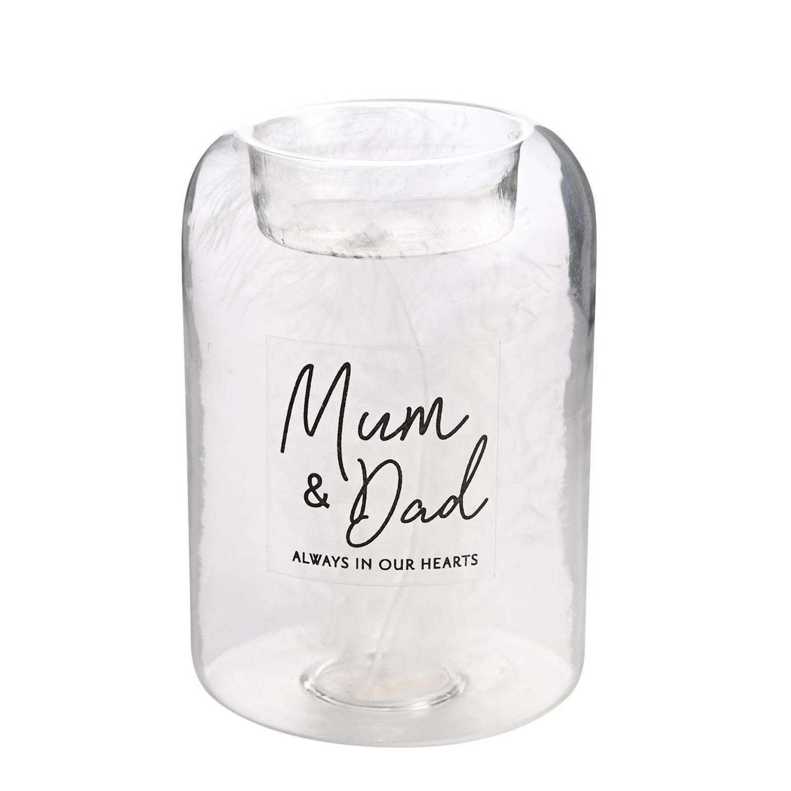 Memorial Tea Light Candle Holder with Feather inside Glass – Mum and Dad