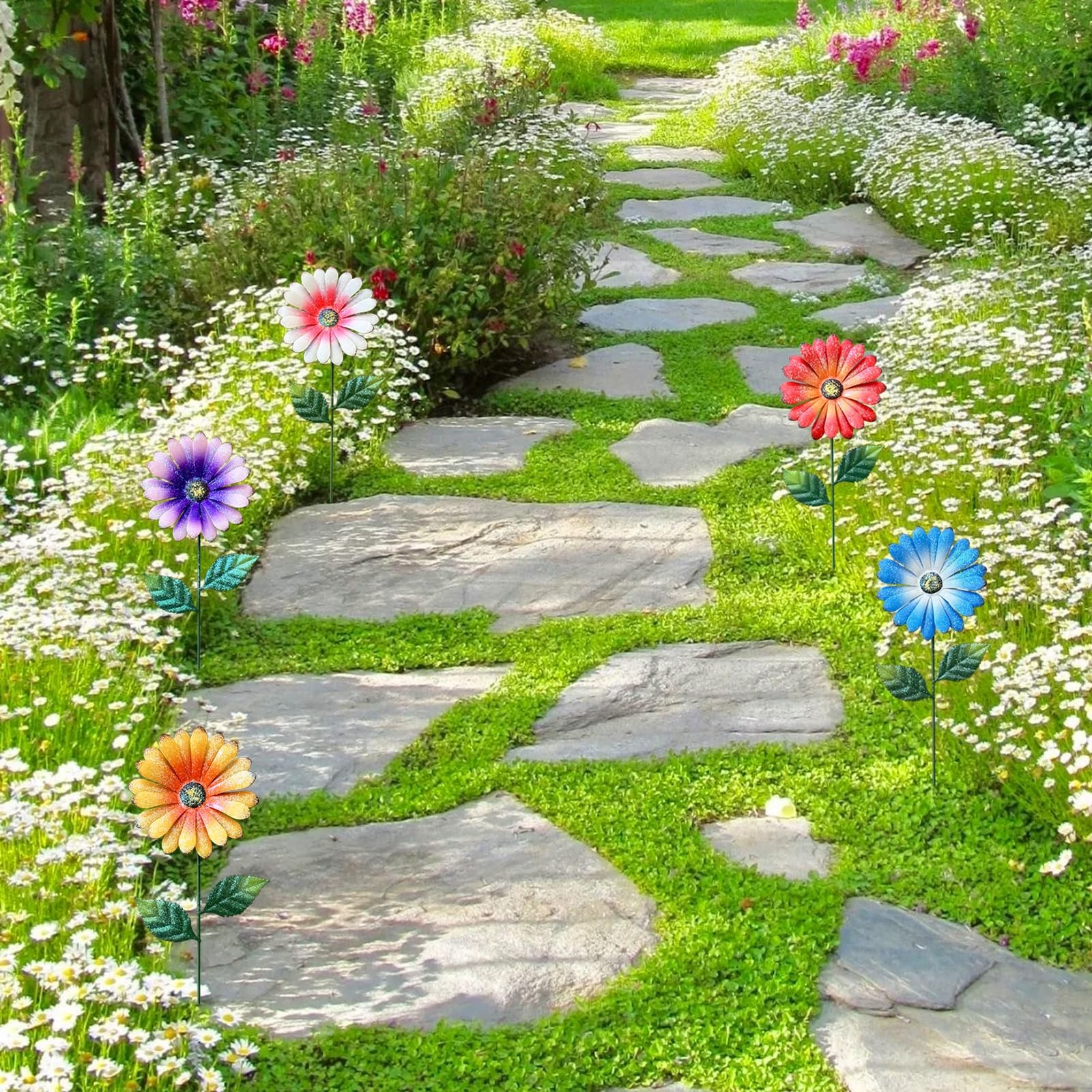 5Pack Metal Flowers for Outside，16.5 Inch Metal Flowers Decorative Garden Sta…