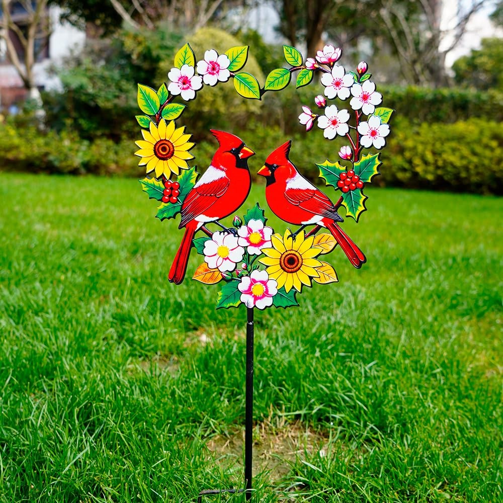 Decorative Garden Stakes Metal Red Cardinal – Heart Shaped Pair of Red Birds …