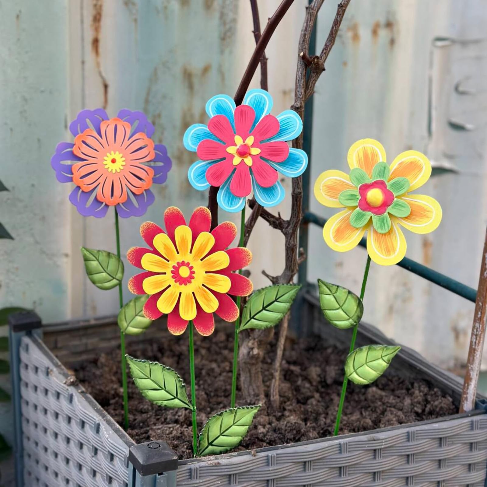 Metal Flower Garden Stakes 4 Pack Decorative Outdoor Art for Lawn & Pathway