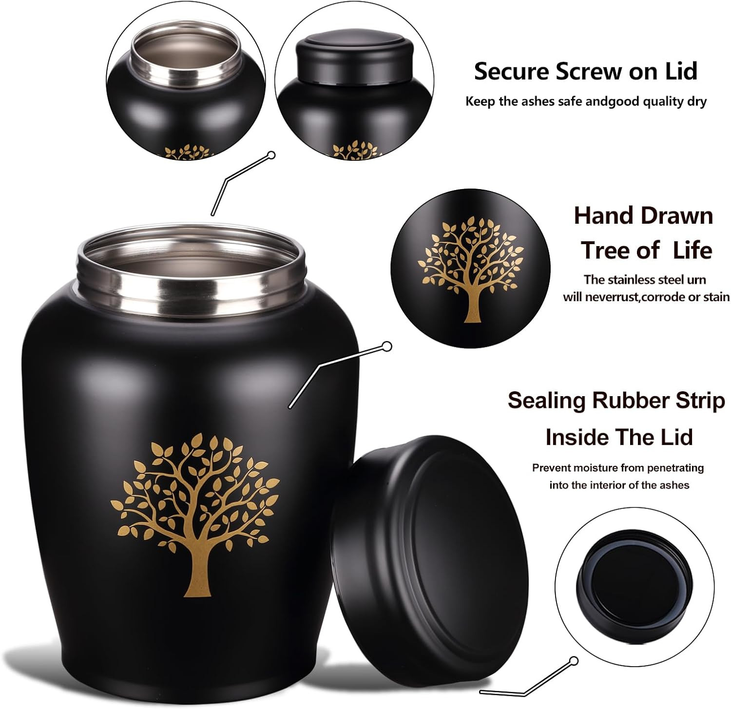 Large Black Urns for Ashes for Women Men,Tree of Life Cremation Metal Urn for Hu