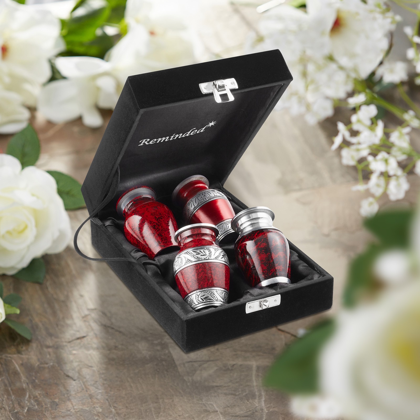 Set of 4 Cremation Urns for Human Ashes, Silver Red Keepsake with Velvet Case