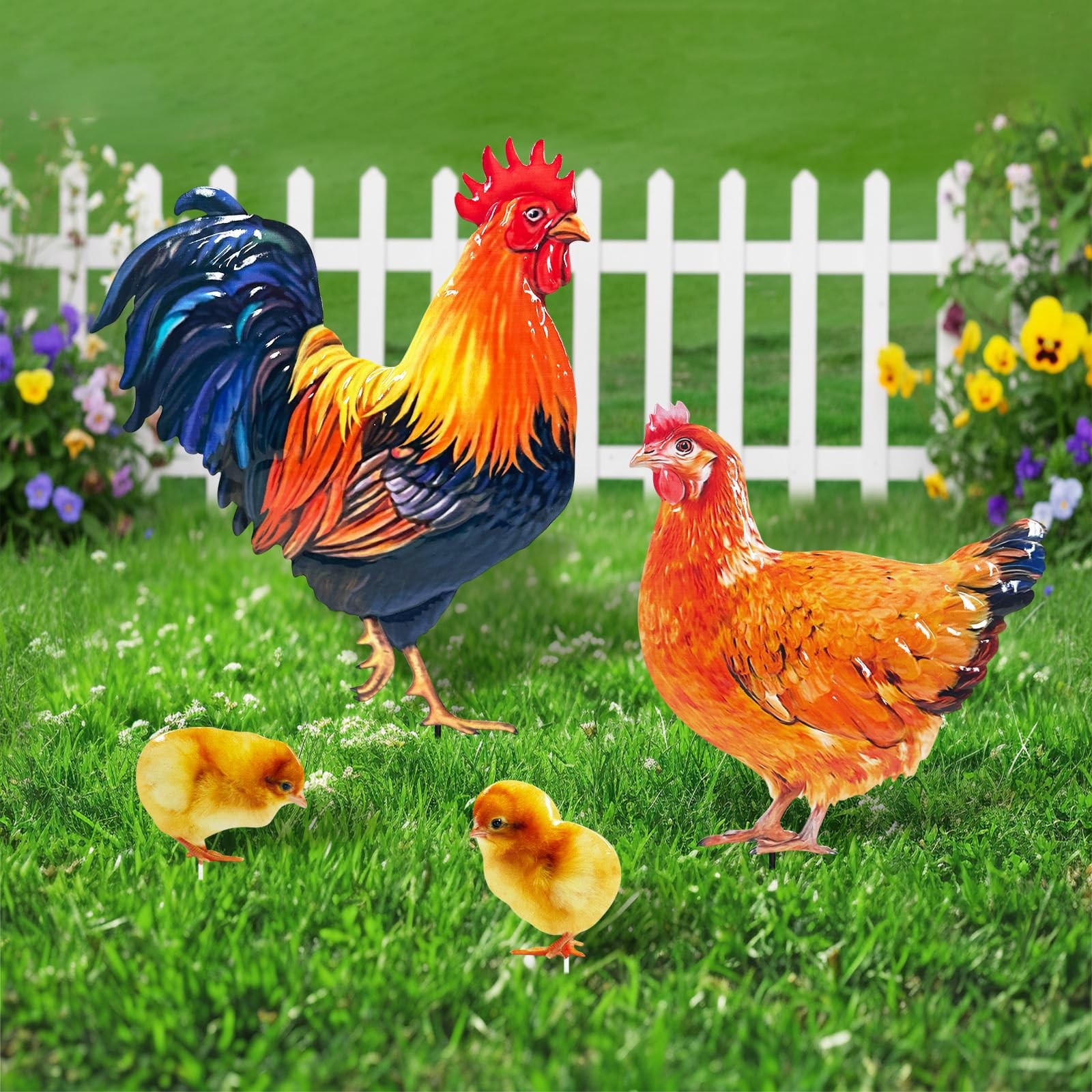 Metal Chicken Yard Stakes 4 Pack Realistic Hen and Rooster Outdoor Decor