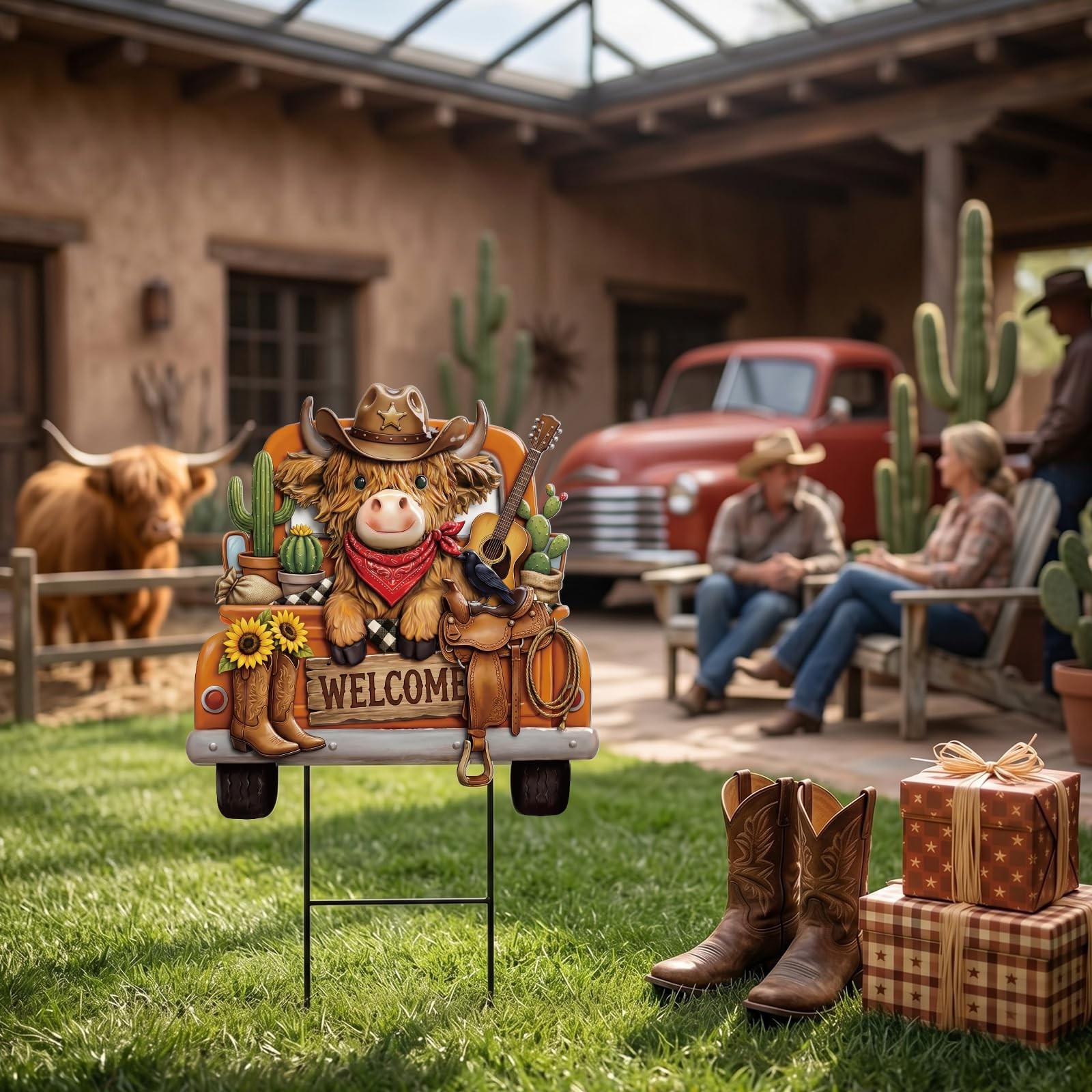 Highland Cow Outdoor Decor Western Cowboy Highland Cow Metal Garden Stakes Fa…