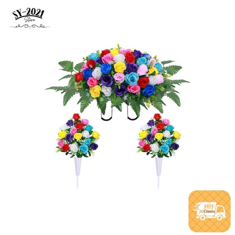 Cemetery Flower Saddle with 2 Bouquets, Silk Grave Decoration