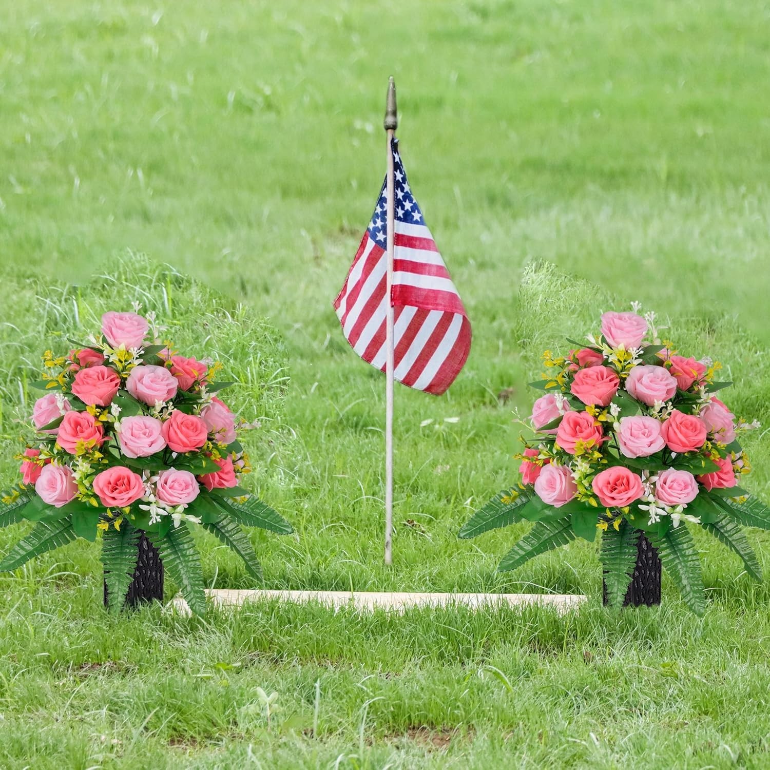 Weather Resistant Silk Roses – 2 Bouquets for Long-Lasting Cemetery Decorations