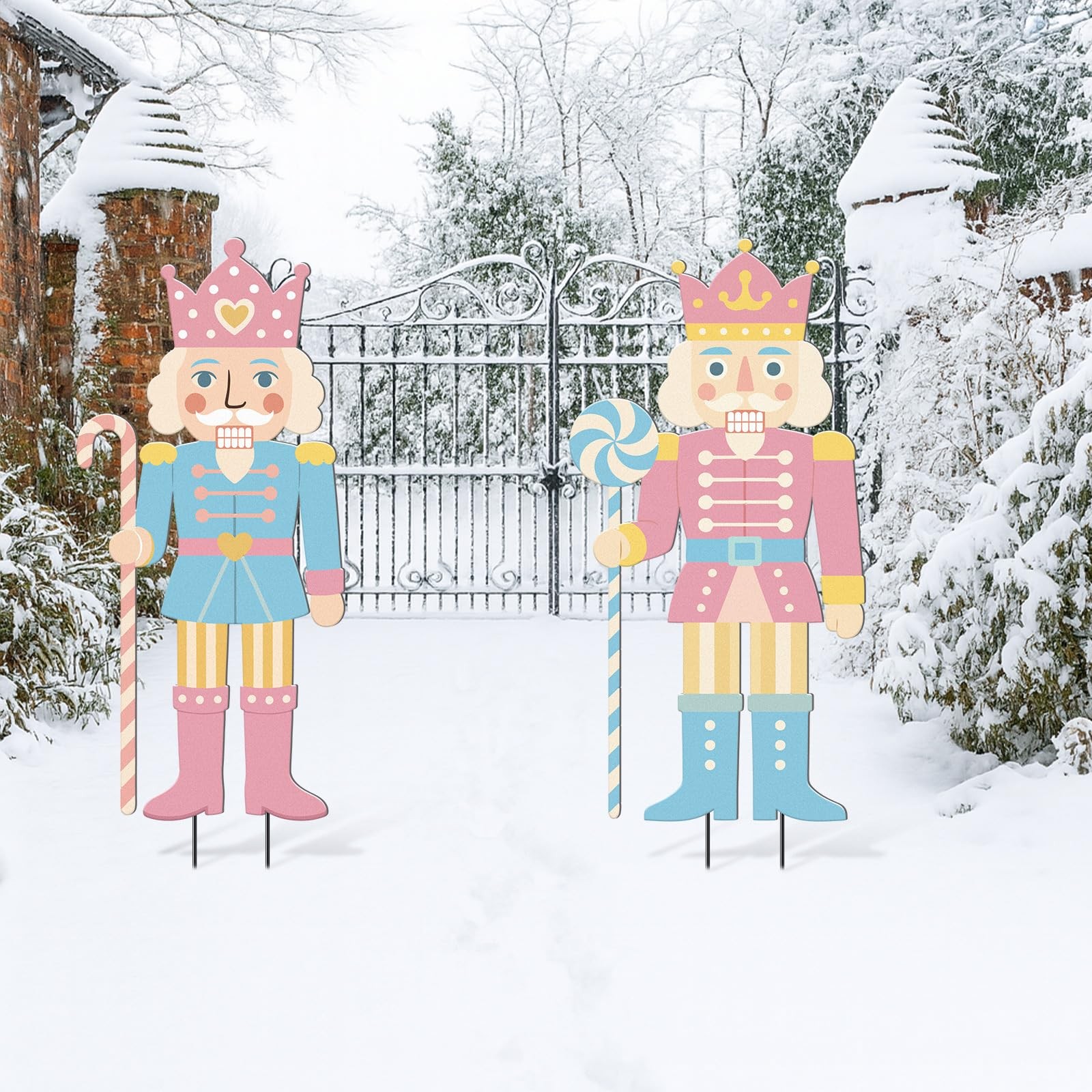 2 Pcs Pastel Christmas Nutcracker Yard Stake Candy Cane Metal 3D Outdoor Chri…