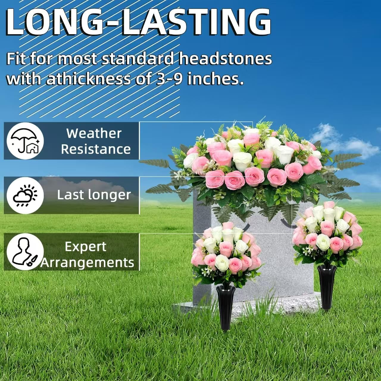 Realistic Large Cemetery Flowers for Grave – 3Pcs Pink White Headstone Decor